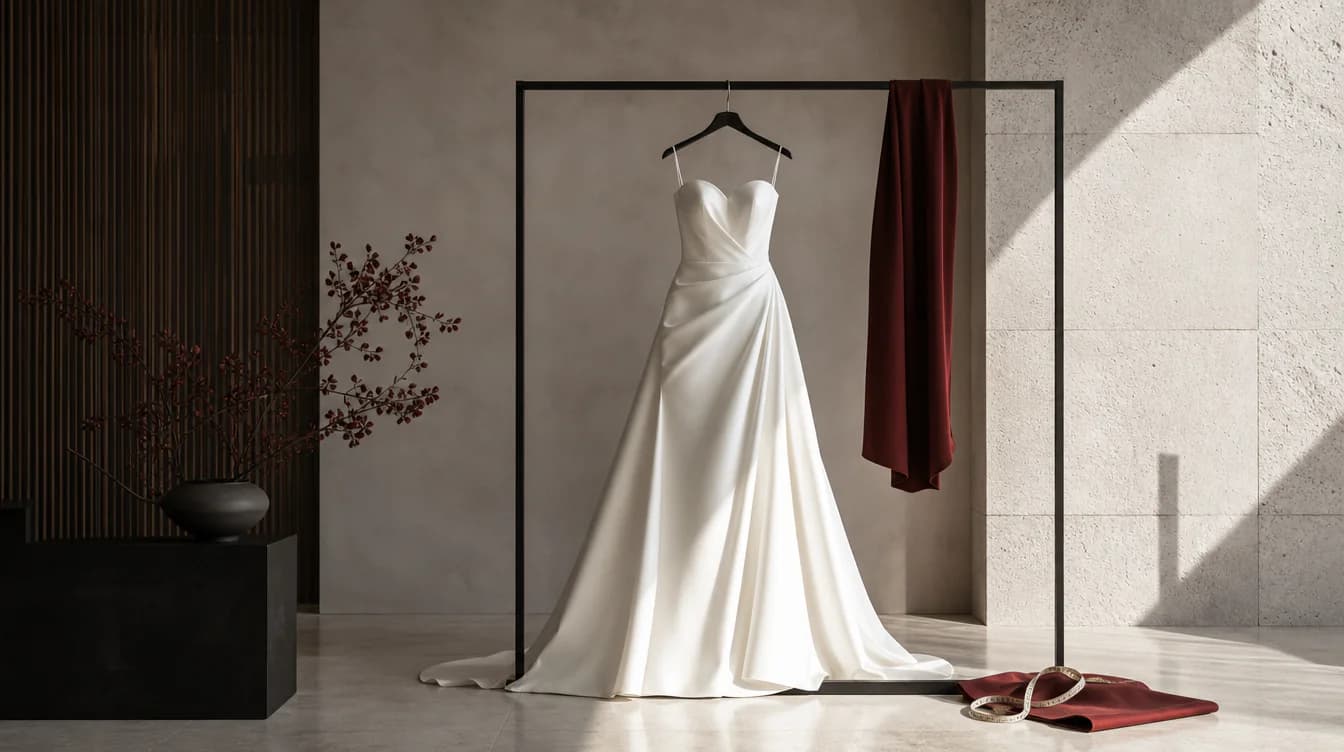 Skulpturales Brautkleid auf minimalistischem Kleiderständer mit Stoffmuster