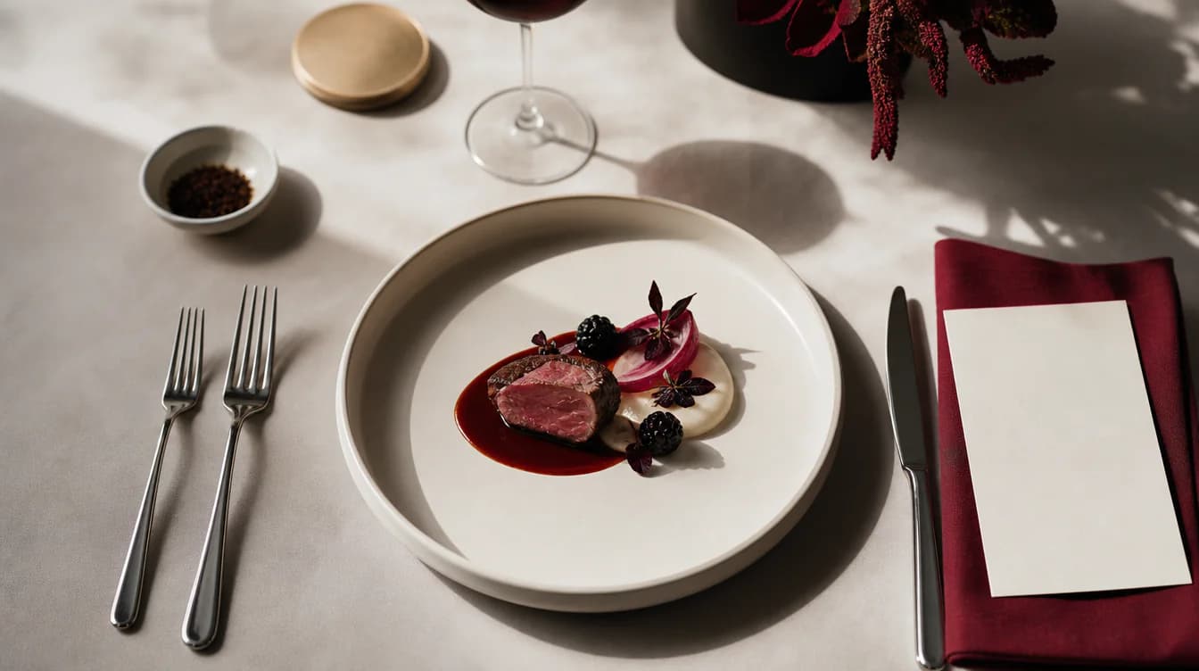 Modern angerichteter Hochzeitsteller mit Menükarten-Platzhalter und Oxblood-Serviette