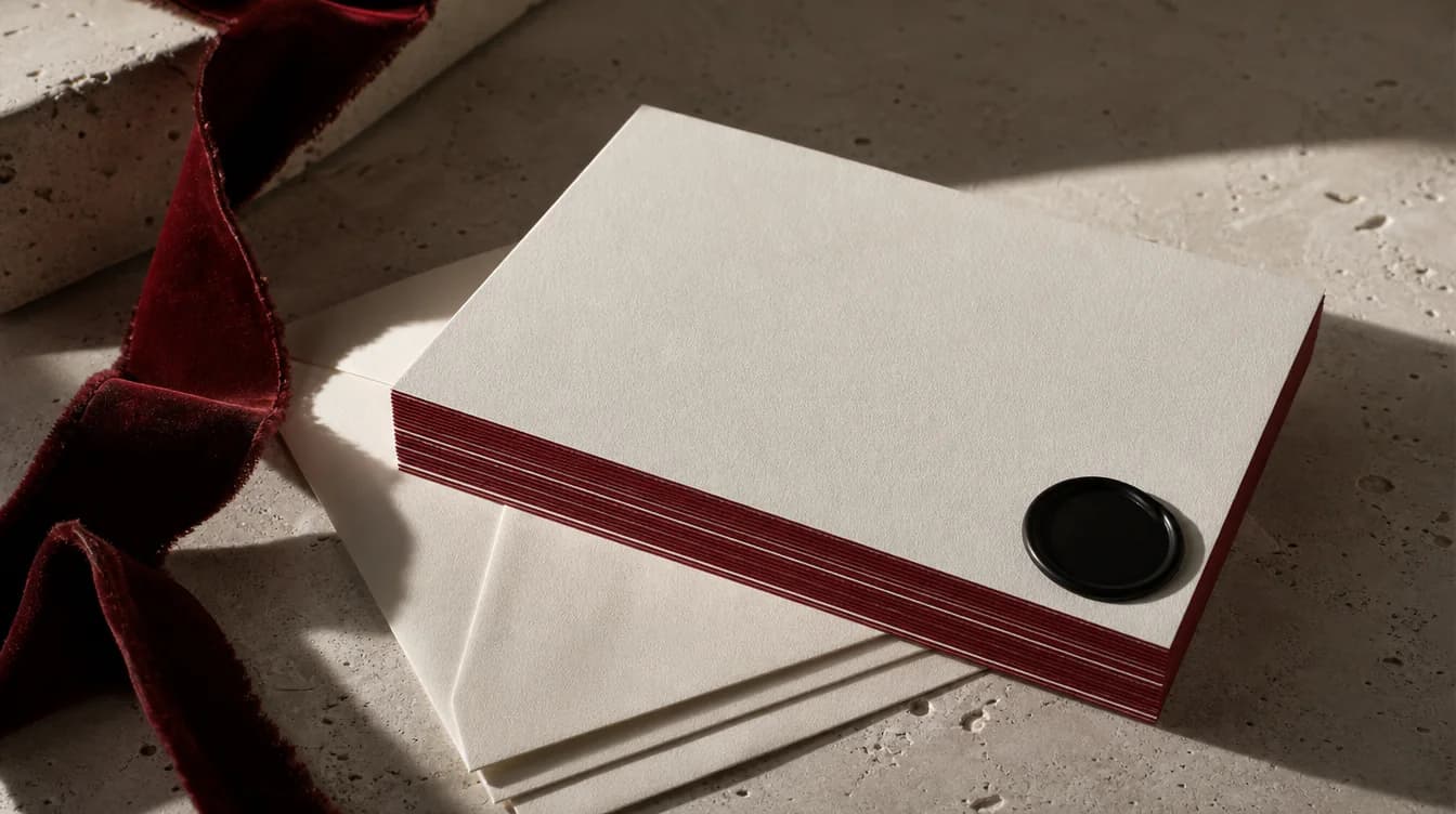 Hochwertige blanke Letterpress-Einladungen mit Umschlägen und schwarzem Wachssiegel