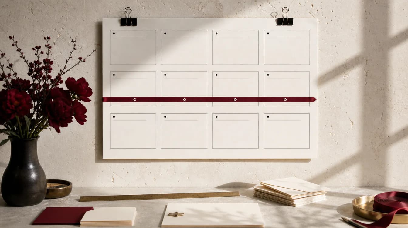 Zwölfteiliger Hochzeitszeitplan mit Kalenderkarten, Klammern und Oxblood-Band