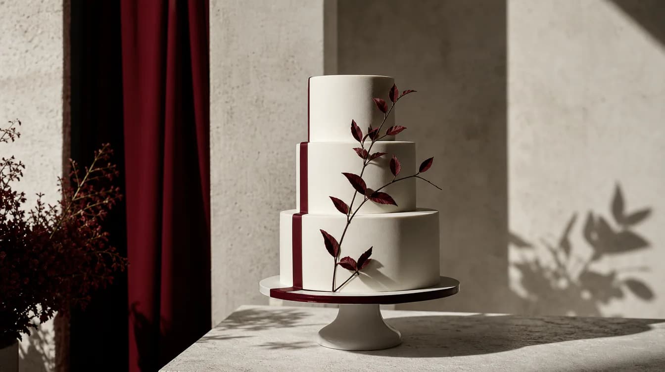 Moderne dreistöckige Hochzeitstorte in Ivory mit feinem Oxblood-Akzent
