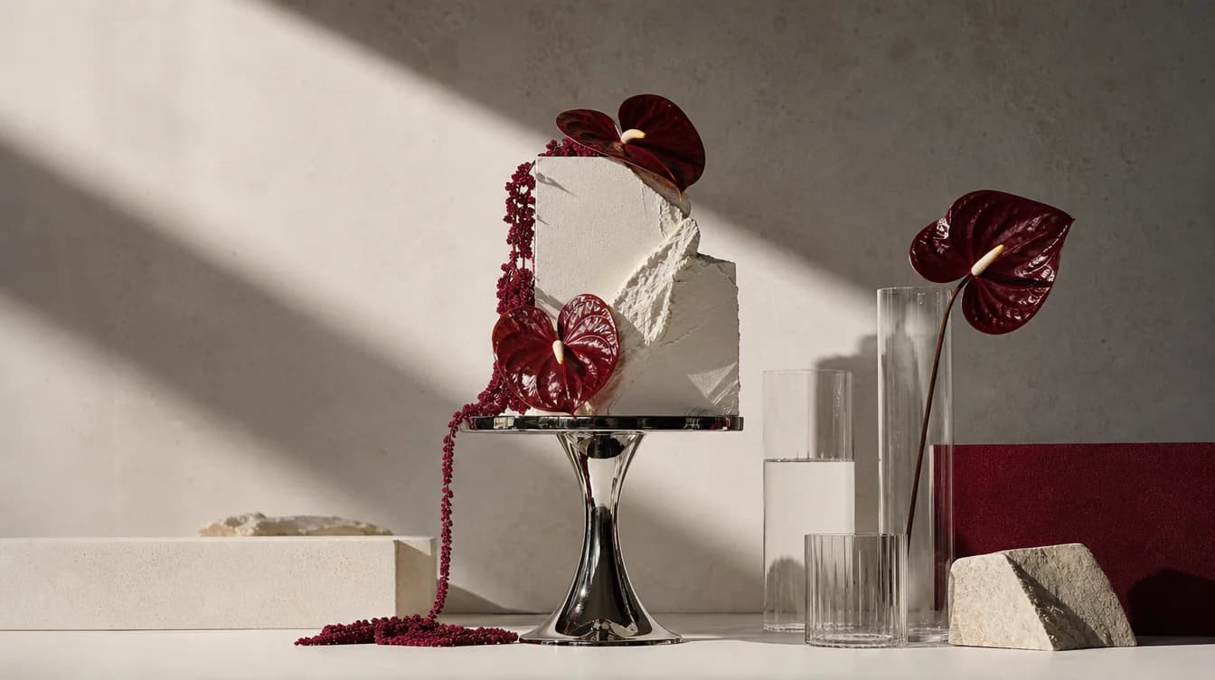 Zeitgemäßes Hochzeits-Moodboard mit Chrom, Ivory, Glas und burgunderroter Blüte