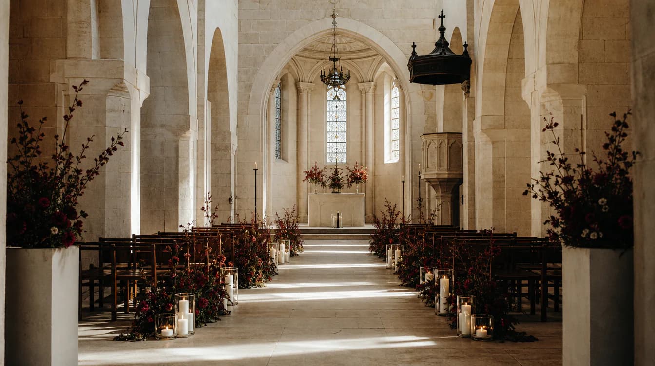 Symmetrischer Kirchenraum mit Kerzen und dezenten burgunderroten Blumen