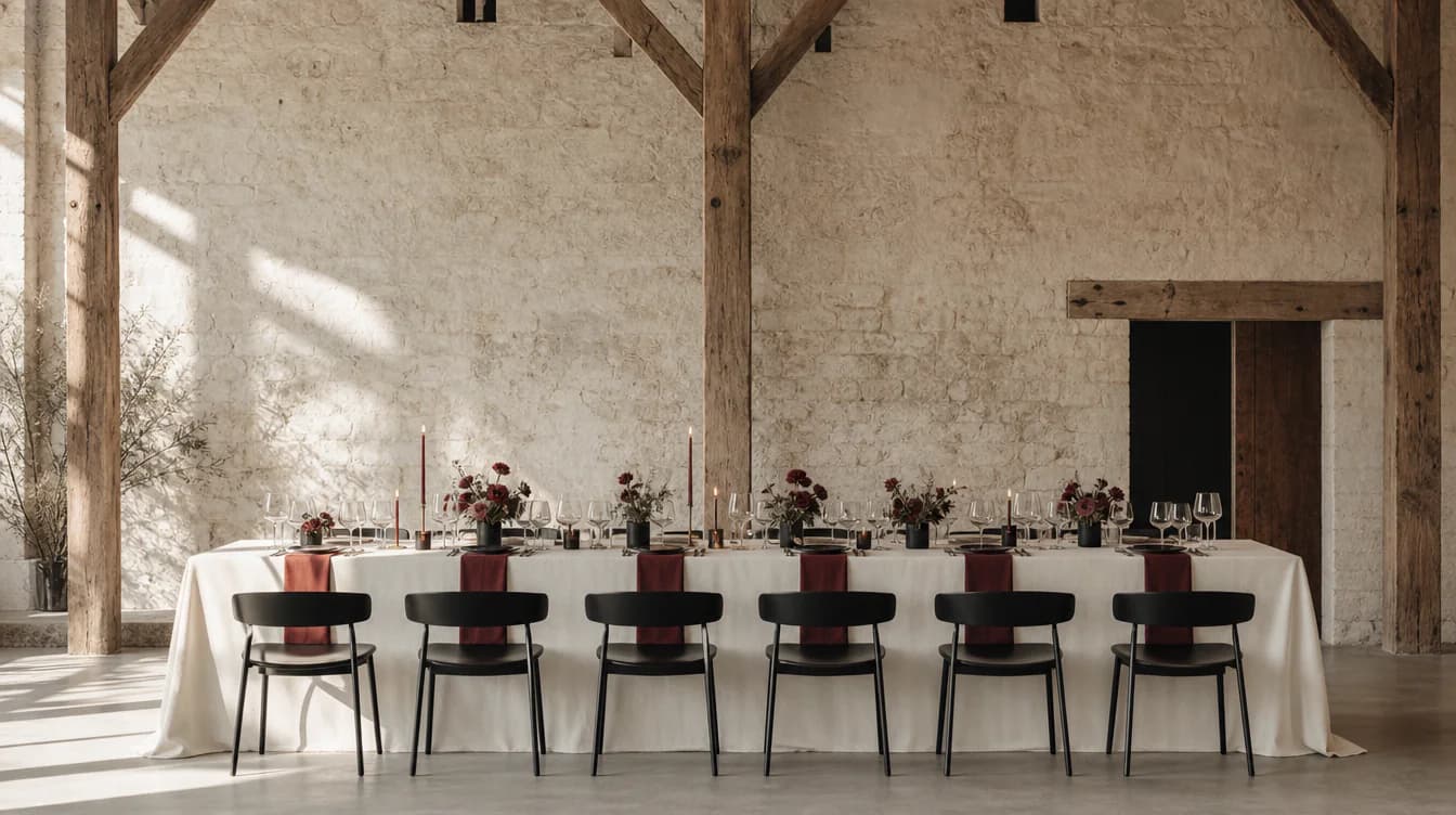 Modern renovierte Hochzeitsscheune mit langer Tafel und Oxblood-Textilien
