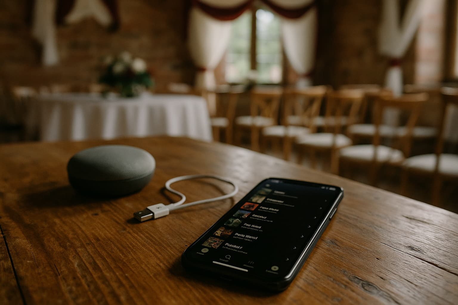 Smartphone mit geöffneter Musik-App liegt neben einem kompakten Lautsprecher und einem Ladekabel auf einem Holztisch in einer Hochzeitslocation